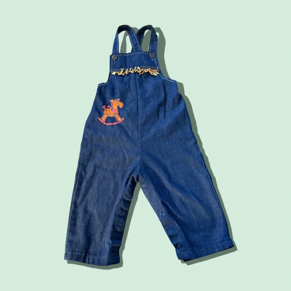 Vintage Made In The USA Health-Tex Western Horse Fringe Denim Overalls 24 Months
